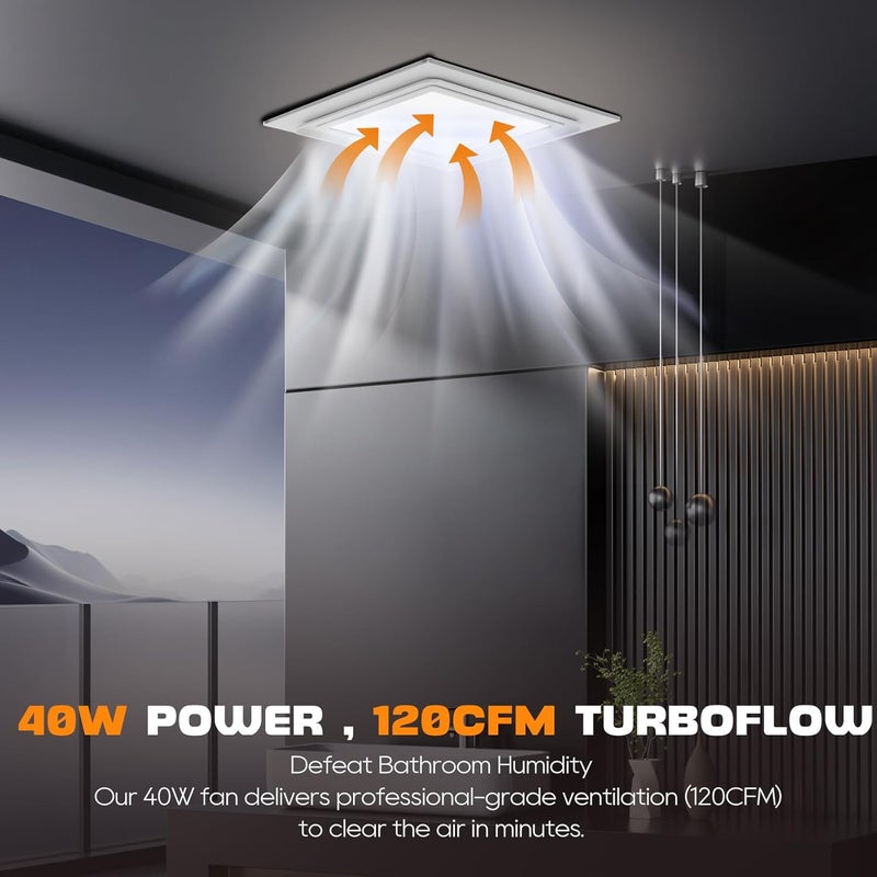 Gopher Upgrade 12" Ultra Quiet Bathroom Exhaust Fan with 3000-6000K LED Light, 1.0 Sone 120 CFM, 10x10 Mount, 1500 LM Ceiling Ventilation Fan, Energy Efficient (12in Metal Dimmable Light) - Image 2